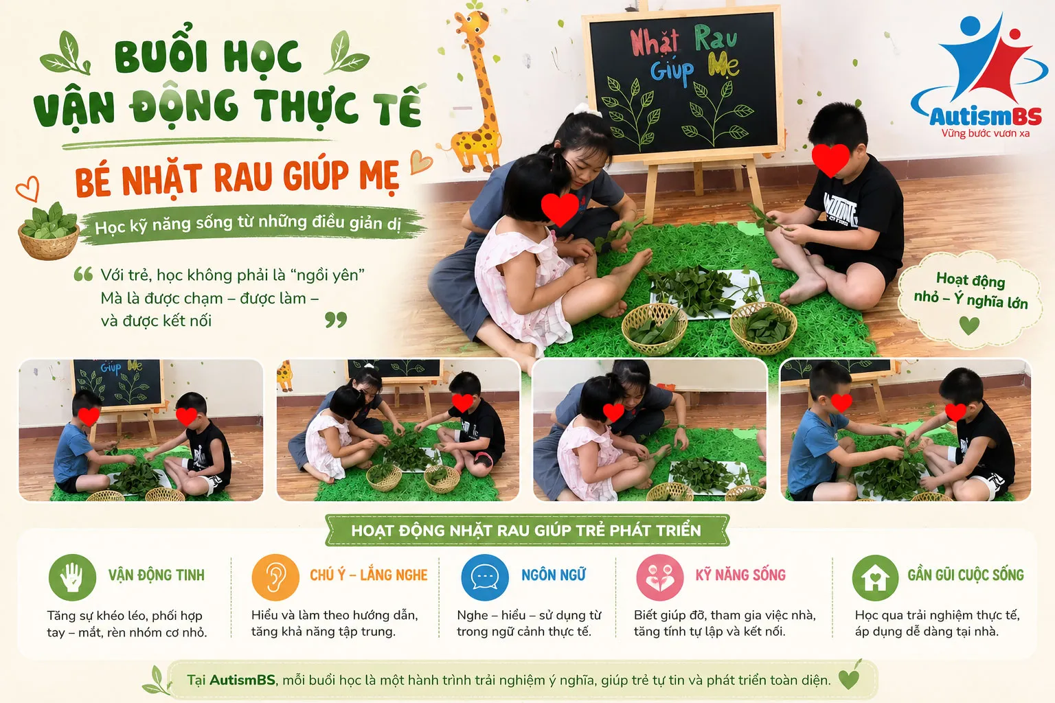 Buổi học vận động thực tế: Bé nhặt rau giúp mẹ - Học kỹ năng sống từ những điều giản dị.
