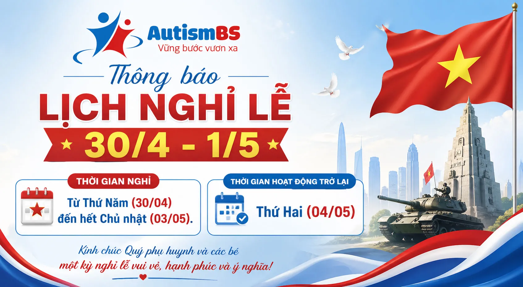 Autismbs thông báo lịch nghỉ lễ 30/4 - 1/5.
